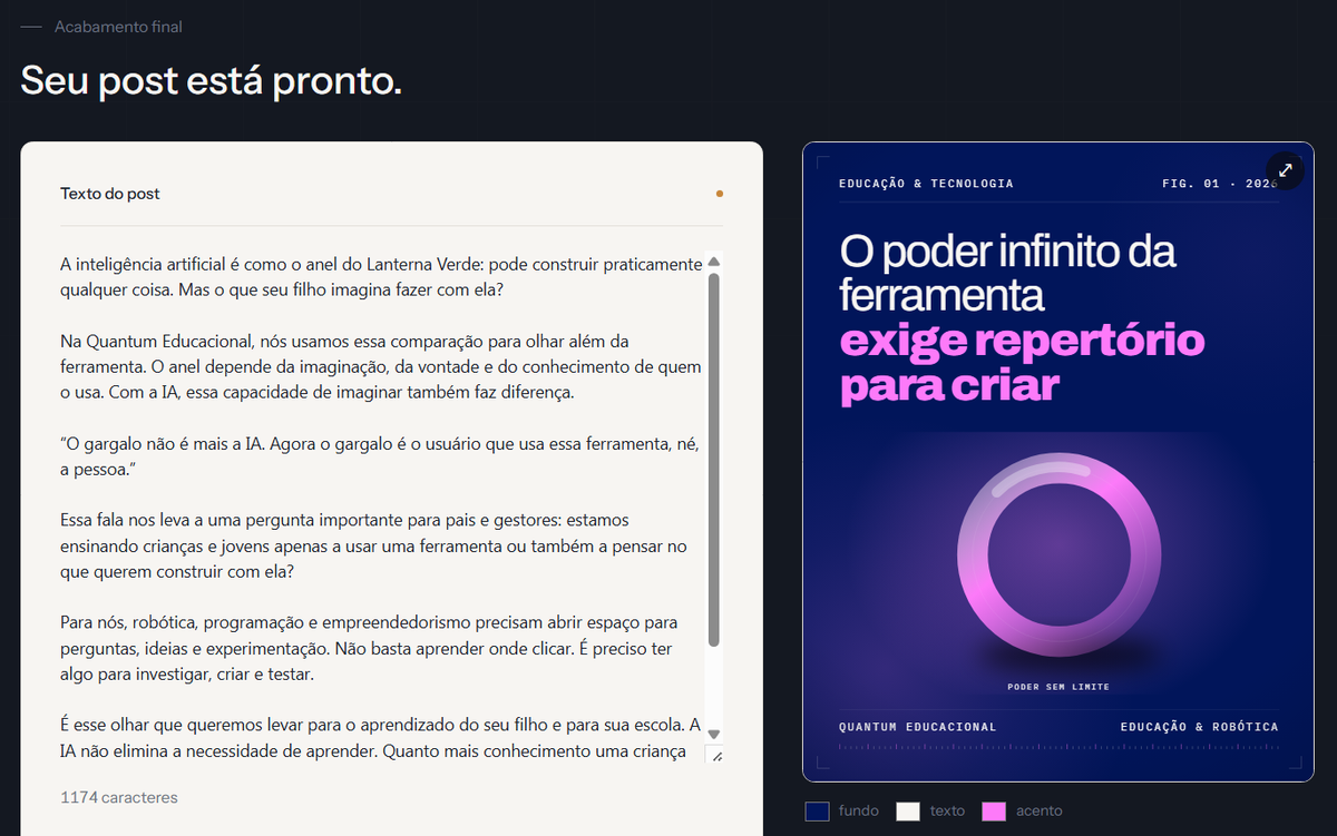 Tela da OneAI: post pronto, com o texto na voz da marca e a capa